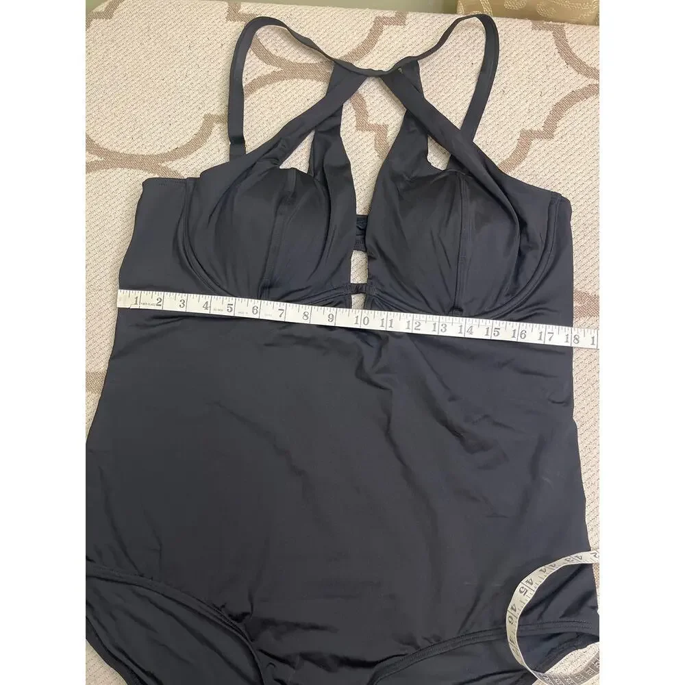 City Chic Cancun Underwire one-piece swimsuit black plunging neckline,size large